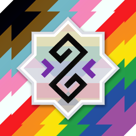 The Gender Analysis blog logo (Lithuanian žaltys symbol/rune/logogram) in Pride Month 2025 rainbow, inclusive, progress and trans flag colors.